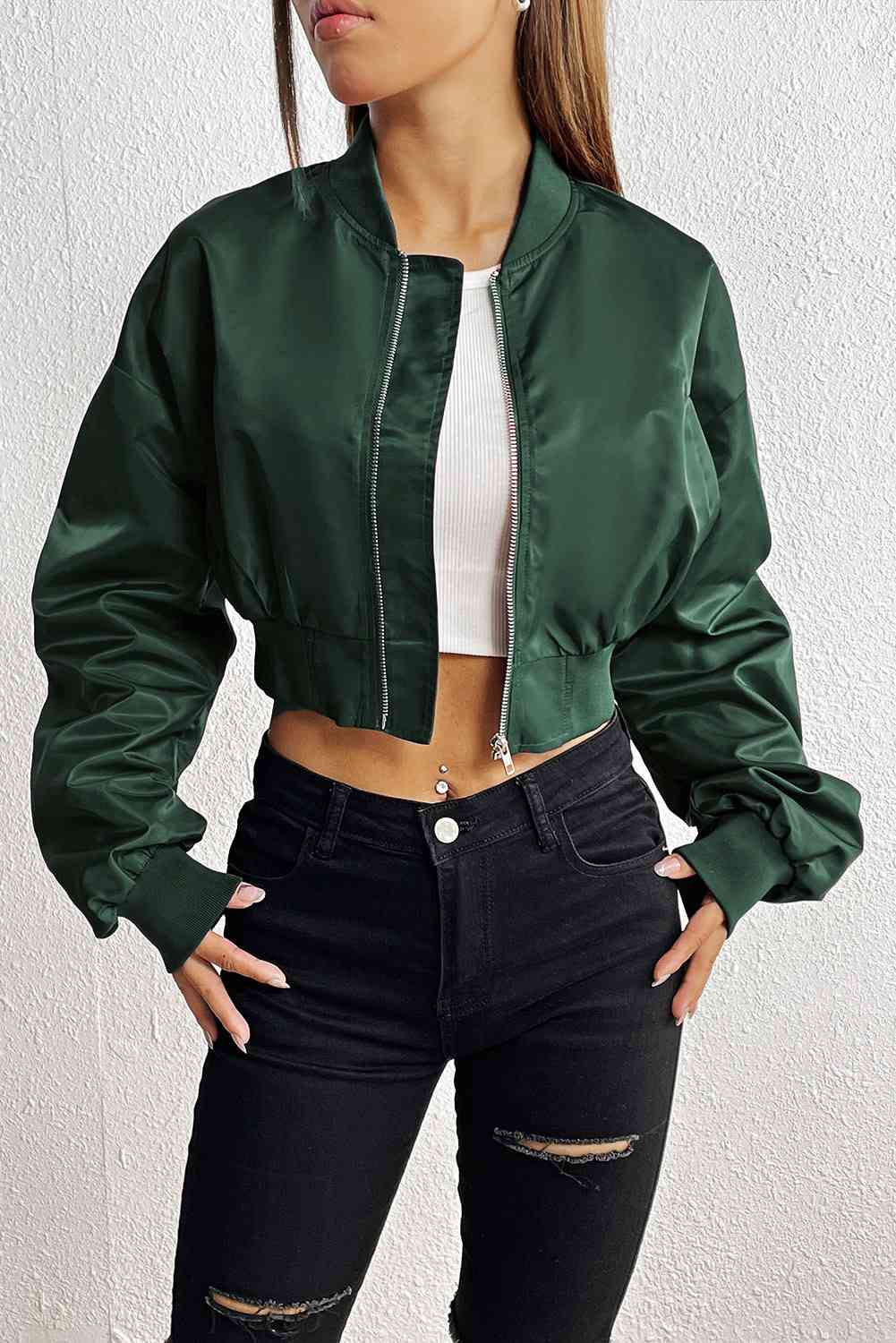 Trendy Ruched Cropped Zip-Up Jacket