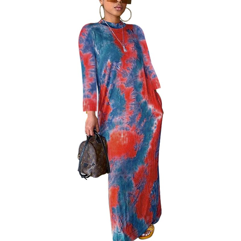 Spring New Contrast Color Colorblock Long Sleeve Printed Loose Maxi Casual Dress ZL1206