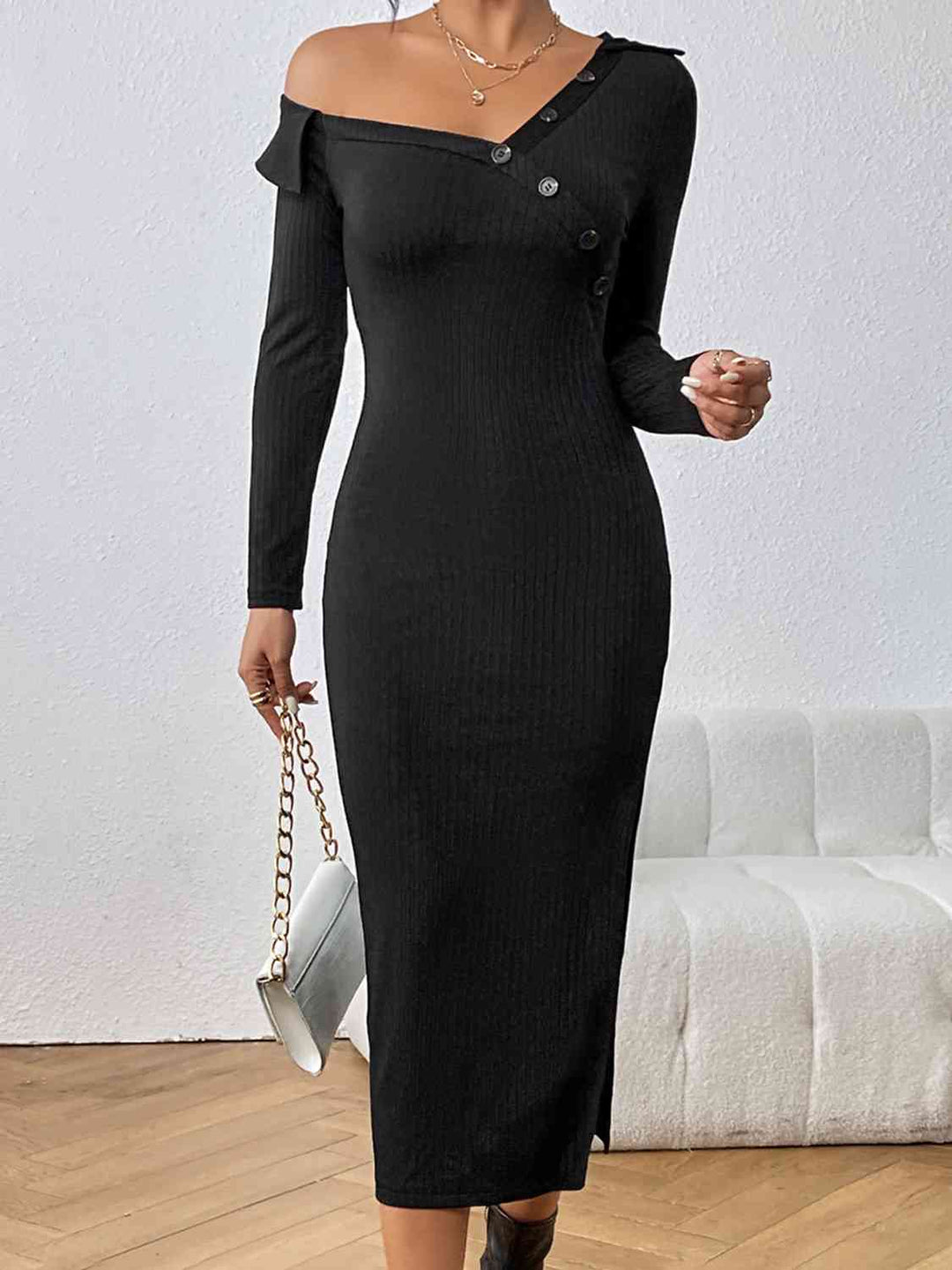 Asymmetrical Neck Long Sleeve Slit Dress