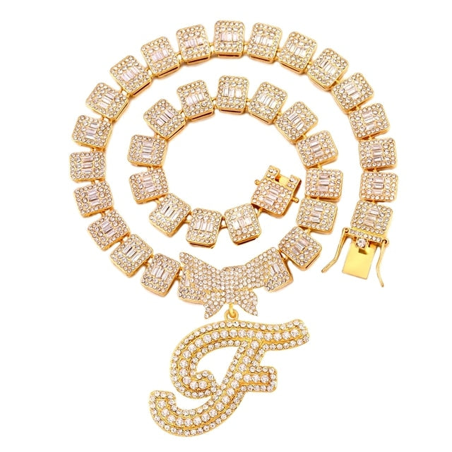 Luxury Square Baguette Tennis Cuban Chain Full Rhinestone Butterfly Cursive Letter 26 Initials Cuban Necklace For Women Jewelry