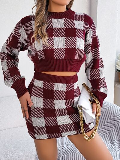 Plaid Round Neck Top and Skirt Sweater Set