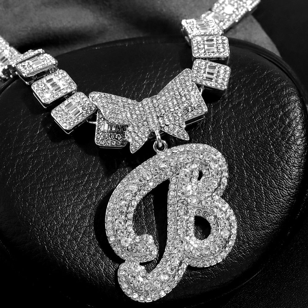Luxury Square Baguette Tennis Cuban Chain Full Rhinestone Butterfly Cursive Letter 26 Initials Cuban Necklace For Women Jewelry
