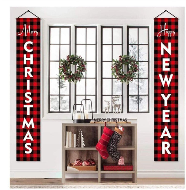 Crenics Christmas Porch Sign Banner with Led String Lights, Red Welcome Christmas Front Door Banner, Xmas Hanging Sign Decorations for Home Outdoor Indoor Wall Decorations Supplies