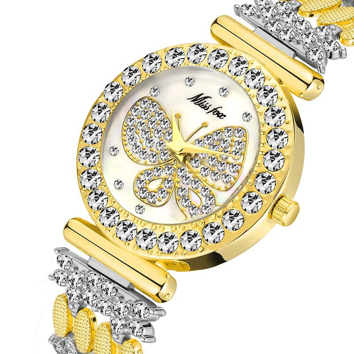 MISSFOX 2030 Butterfly Women Watches Luxury Brand Big Diamond 18K Gold Watch Waterproof Special Bracelet