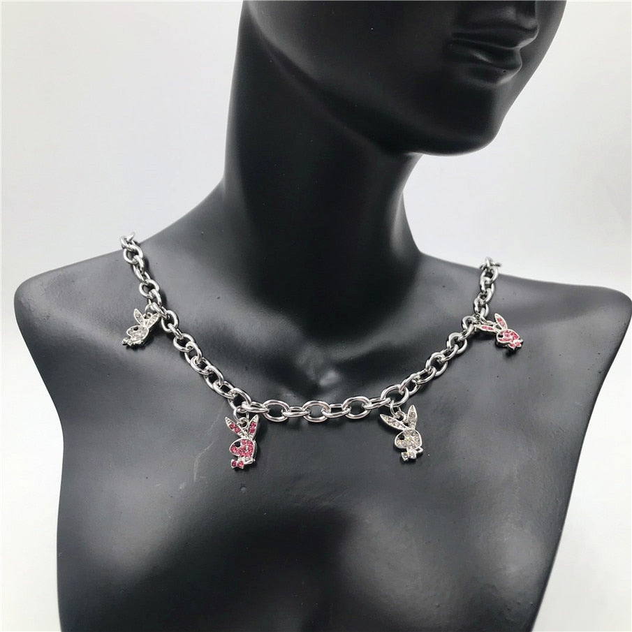 Hip-hop Stainless Steel Necklaces Twist Clavicle Chain Rhinestone Rabbit Necklace Choker For Women Fashion Jewelry