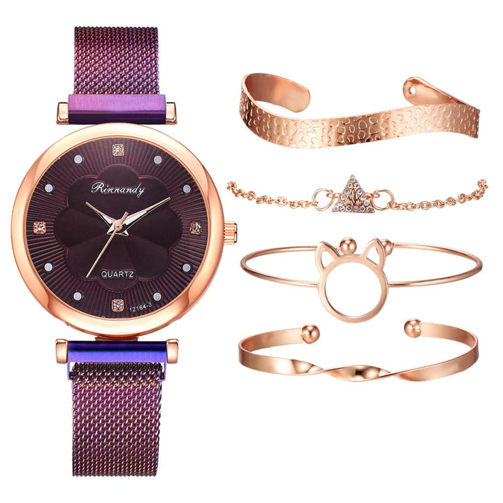 Fashion 5pcs Set Women Watches Luxury Magnet Buckle Flower Rhinestone Watch Ladies Quartz Wrist Watch Bracelet