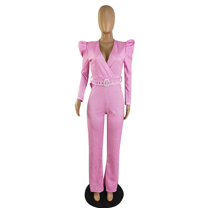 Puff Sleeve V-neck Jumpsuit with Belt wide Leg Slim Rompers Sexy Pink OL Office Ladies Playsuit Autumn Women Outfits