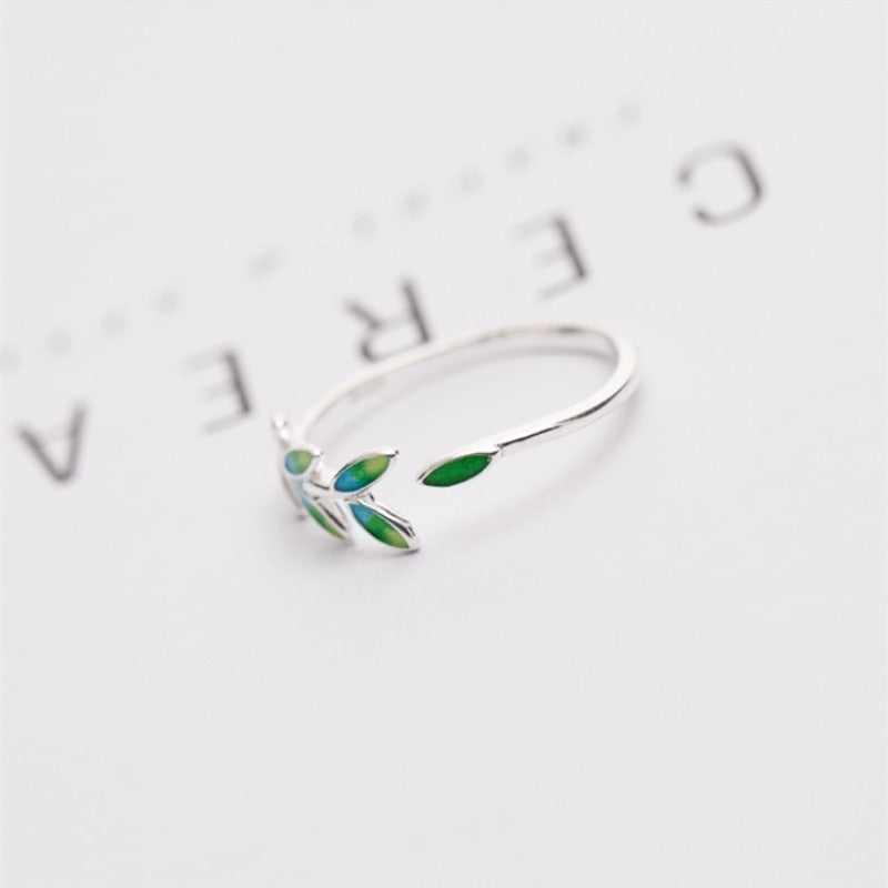 Green Leaf Handmade Creative 925 Sterling Silver Temperament Personality Fashion Female Trendy Resizable Opening Rings SRI028