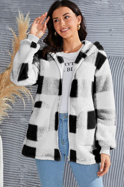 Chic Plaid Long Sleeve Hooded Coat