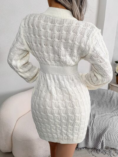 Cable-Knit Round Neck Mini Wrap Sweater Dress