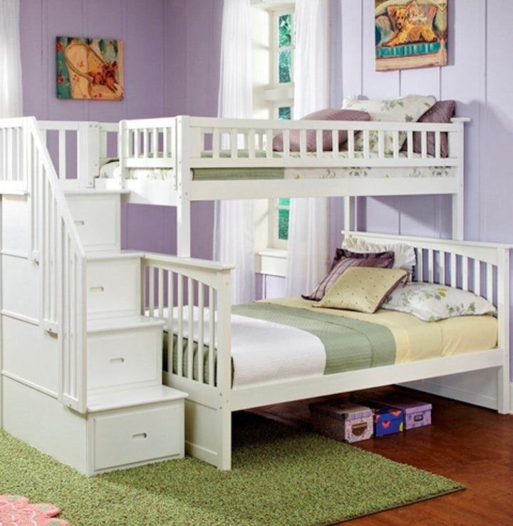Twin over Full Bunk Bed with Stairway Storage Drawers in White Wood Finish