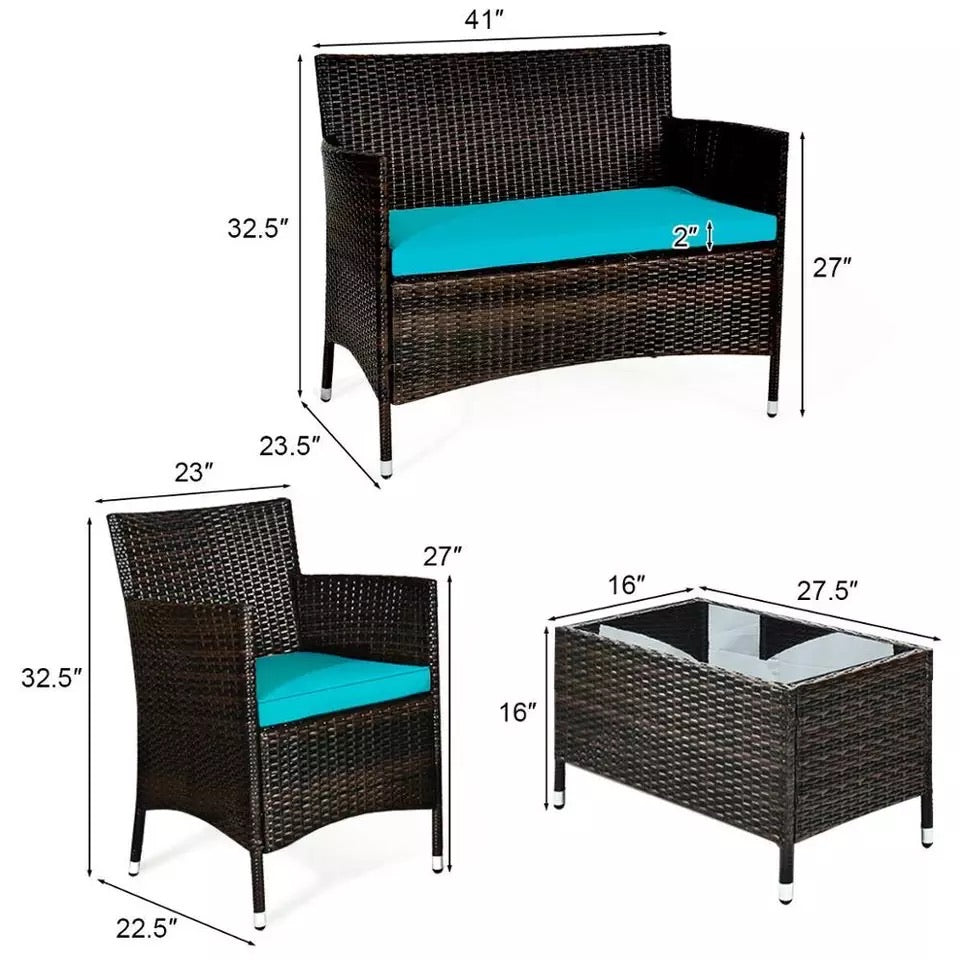4PCS Rattan Patio Furniture Set Cushioned Sofa Chair Coffee TableTurquoise - Ruth Envision