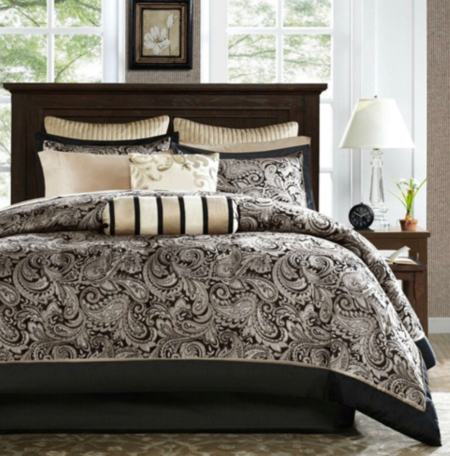 12-Piece Reversible Paisley Cotton Comforter Set in Black Gold - Ruth Envision