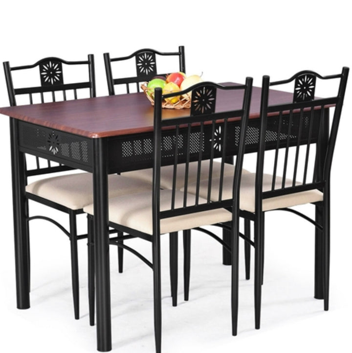 5-Piece Black Brown Dining Set Wood Metal Table Chairs with Cushions - Ruth Envision