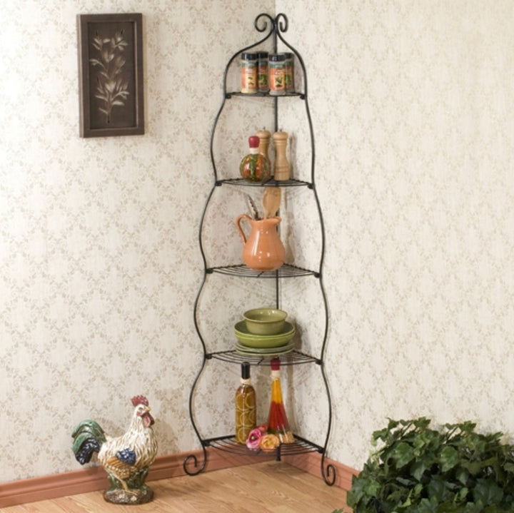 Corner Bakers Rack 5-Tier Shelves with Decorative Metal Scrollwork