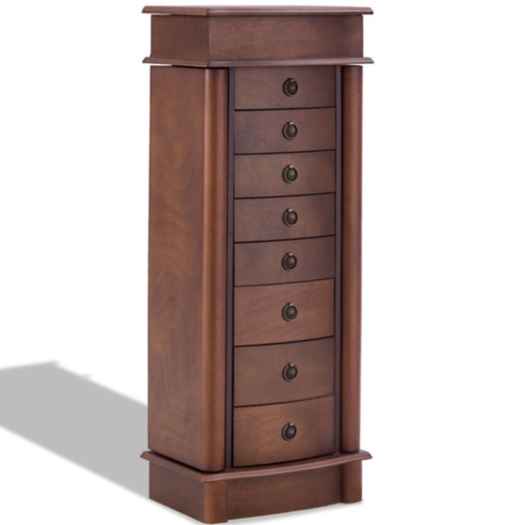 Brown Wood 8-Drawer Jewelry Armoire Chest Storage Cabinet with Mirror - Ruth Envision