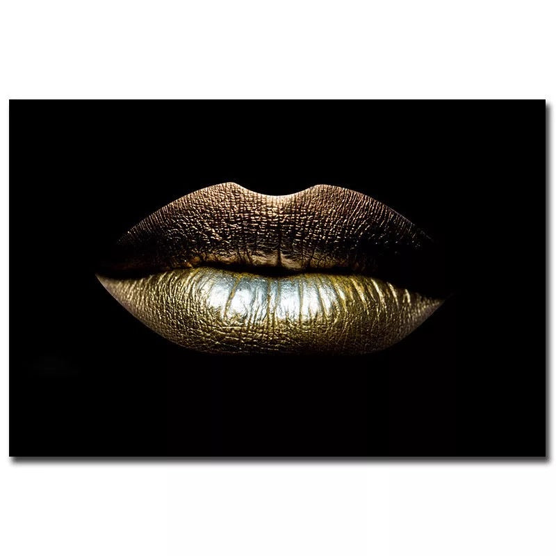 Black White Sexy Charming Woman Gold Lips Canvas Painting Wall Art for Living Room Home Decor Piece Unframed Wall Decor - Ruth Envision