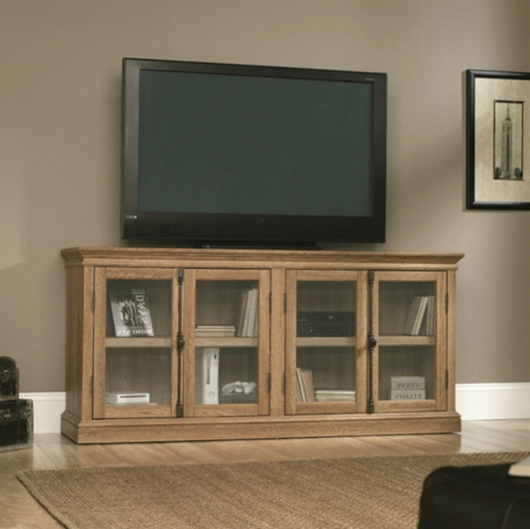 Scribed Oak Wood Finish TV Stand with Tempered Glass Doors - Made in USA