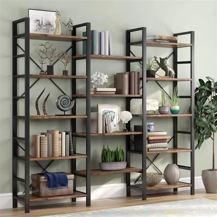 Free Standing Bookshelf Triple Wide 5-Shelf Bookcase