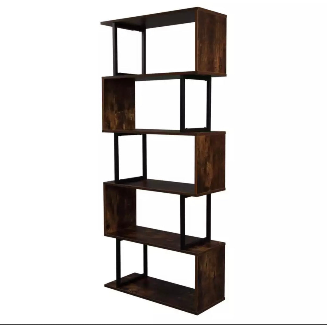 Bookcase and Bookshelf 5 Tier Display Shelf, S-Shaped Z-Shelf Bookshelves, Freestanding Multifunctional Decorative Storage Shelving for Home Office, Vintage Brown Industrial Style - Ruth Envision