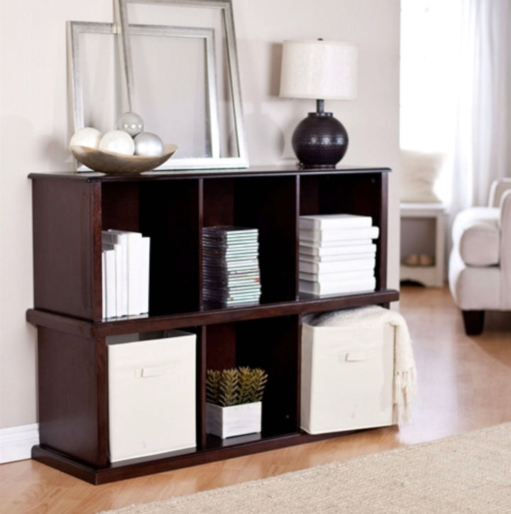 Modern Brown Espresso Stacking Storage Unit 1-Shelf Bookcase with 3 Canvas Bins