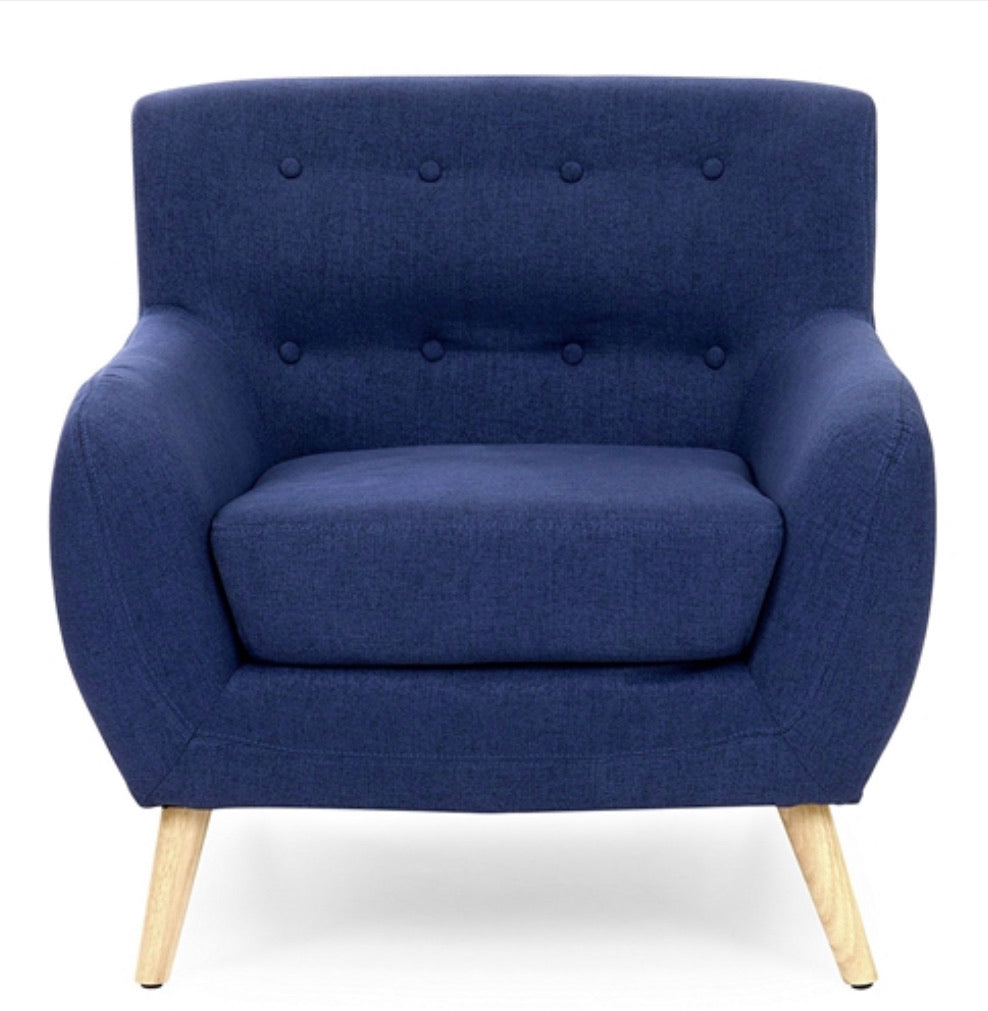 Dark Blue Linen Upholstered Armchair with Modern Mid-Century Style Wood Legs