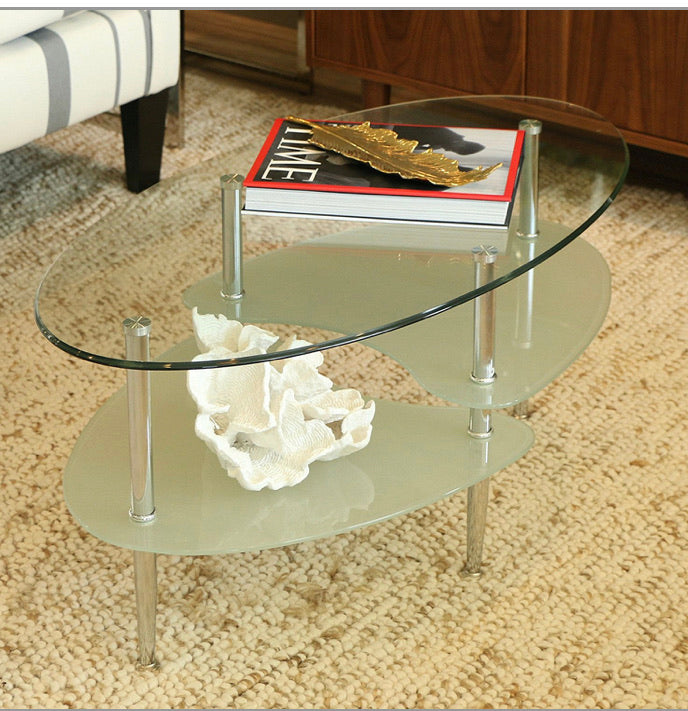 Modern Oval Glass Coffee Table with Chrome Metal Legs