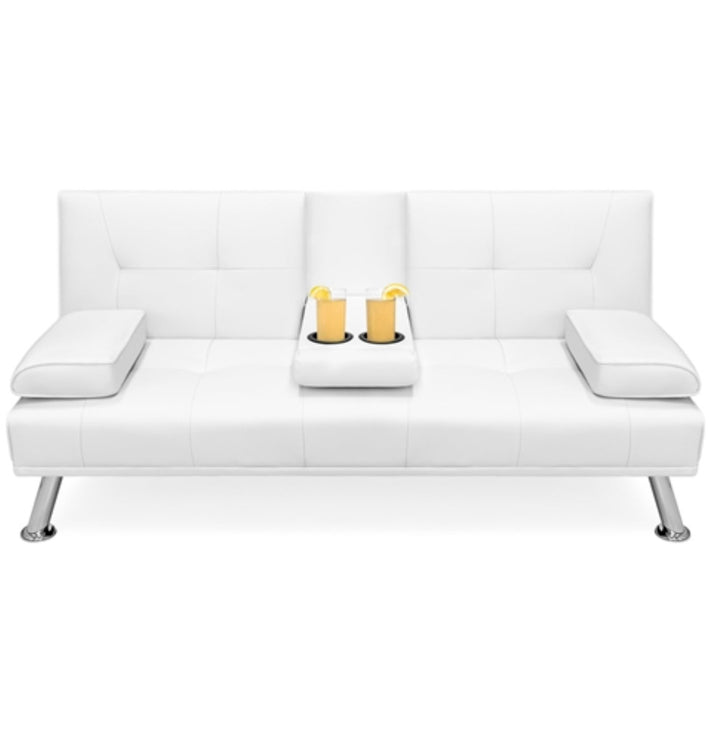 White Faux Leather Convertible Sofa Futon with 2 Cup Holders