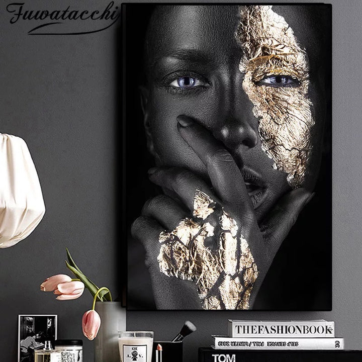 Glosell African Art Black and Gold Woman Oil Painting on Canvas Cuadros Posters Girl Canvas Print