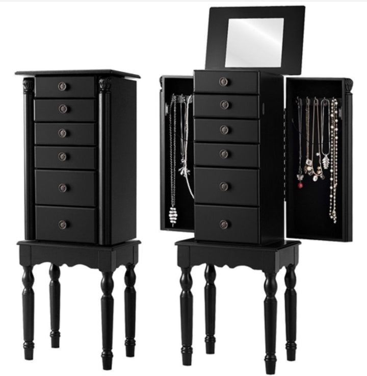 Black Wood Jewelry Armoire 6-Drawer Storage Chest with Mirror - Ruth Envision