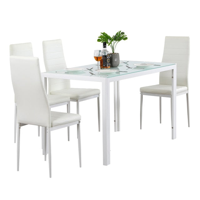 Dining Set GlassTable and 4 Leather Chairs
