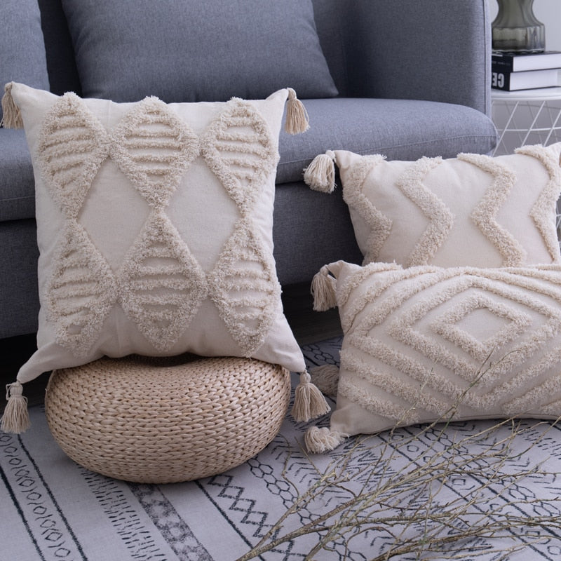Tassels Cushion Cover 45x 45cm/30x50cm Beige Pillow Cover  Handmade Square Home Decoration for living Room Bed Room Zip Open